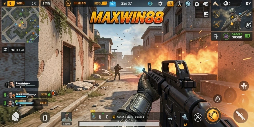 Screenshot gameplay <strong>MAXWIN88</strong> yang menampilkan aksi tembak-menembak yang intens.
