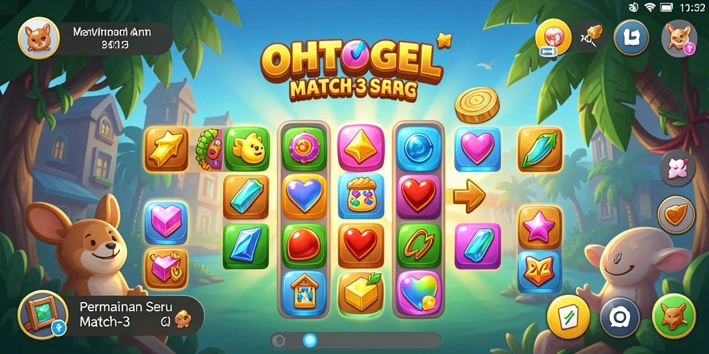 Tampilan gameplay menarik OHTOGEL dengan level Match-3 yang penuh warna.
