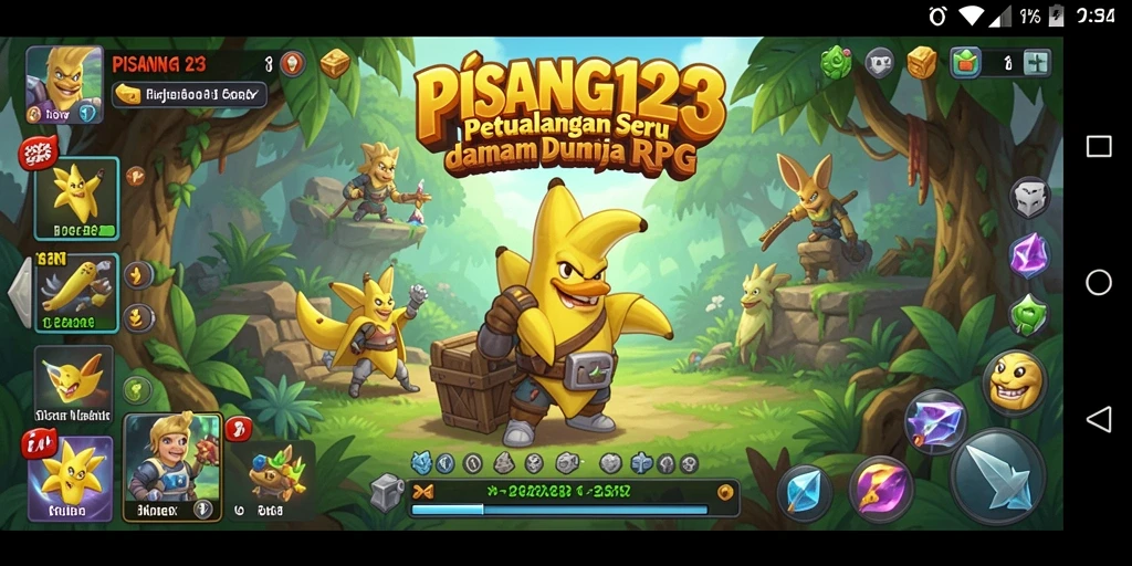 Tampilan gameplay PISANG123 yang menampilkan pertarungan epik dan karakter menarik.