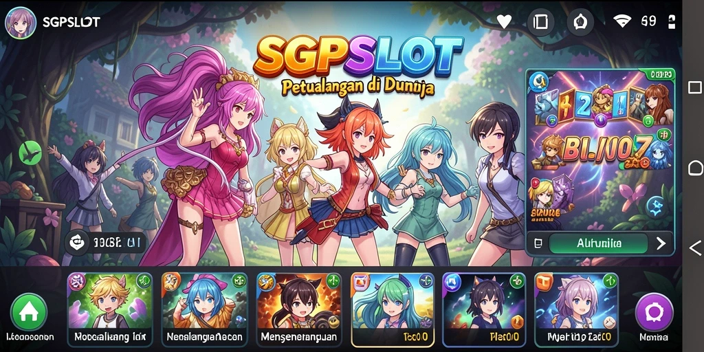 Tampilan gameplay SGPSLOT yang penuh warna dan karakter anime menarik.